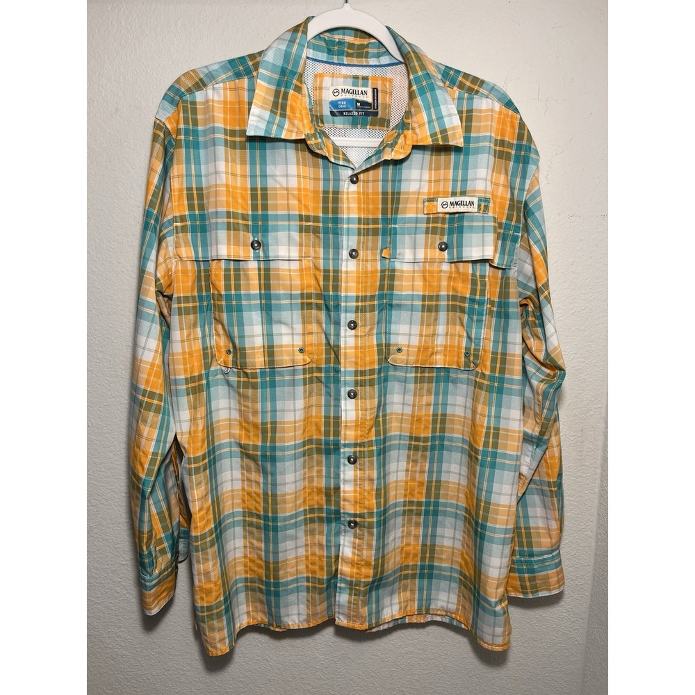 Magellan Outdoors Fishing Gear Vented Shirt Men M Green Orange plaid Relaxed Fit